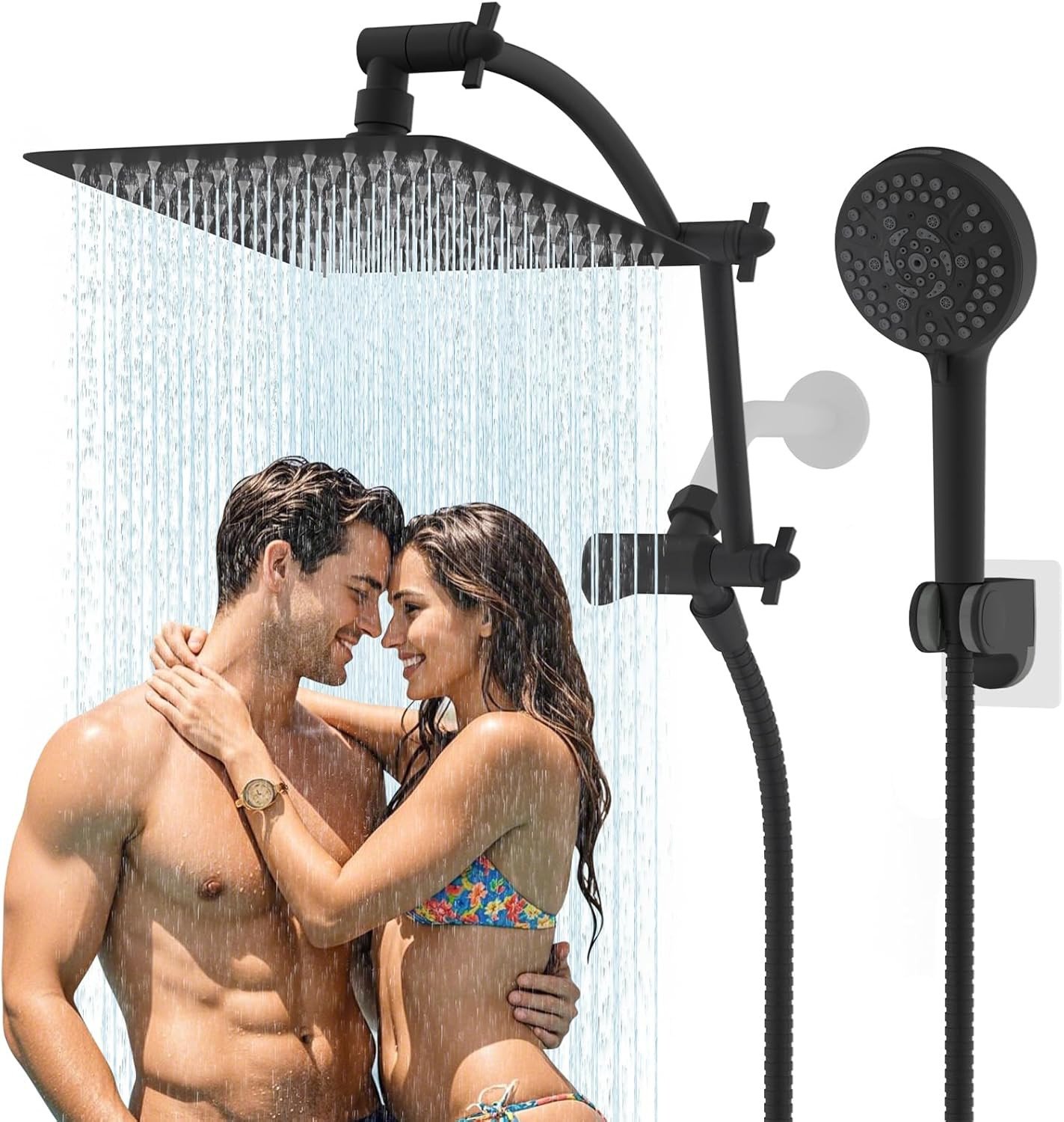 Hibbent All Metal cUPC Certified Shower Head, 10'' High Pressure Rain Shower Head, Handheld Showerhead Combo with 16'' Adjustable Extension Arm, 10 Sprays, 71'' Hose, Showerhead Holder, Matte Black