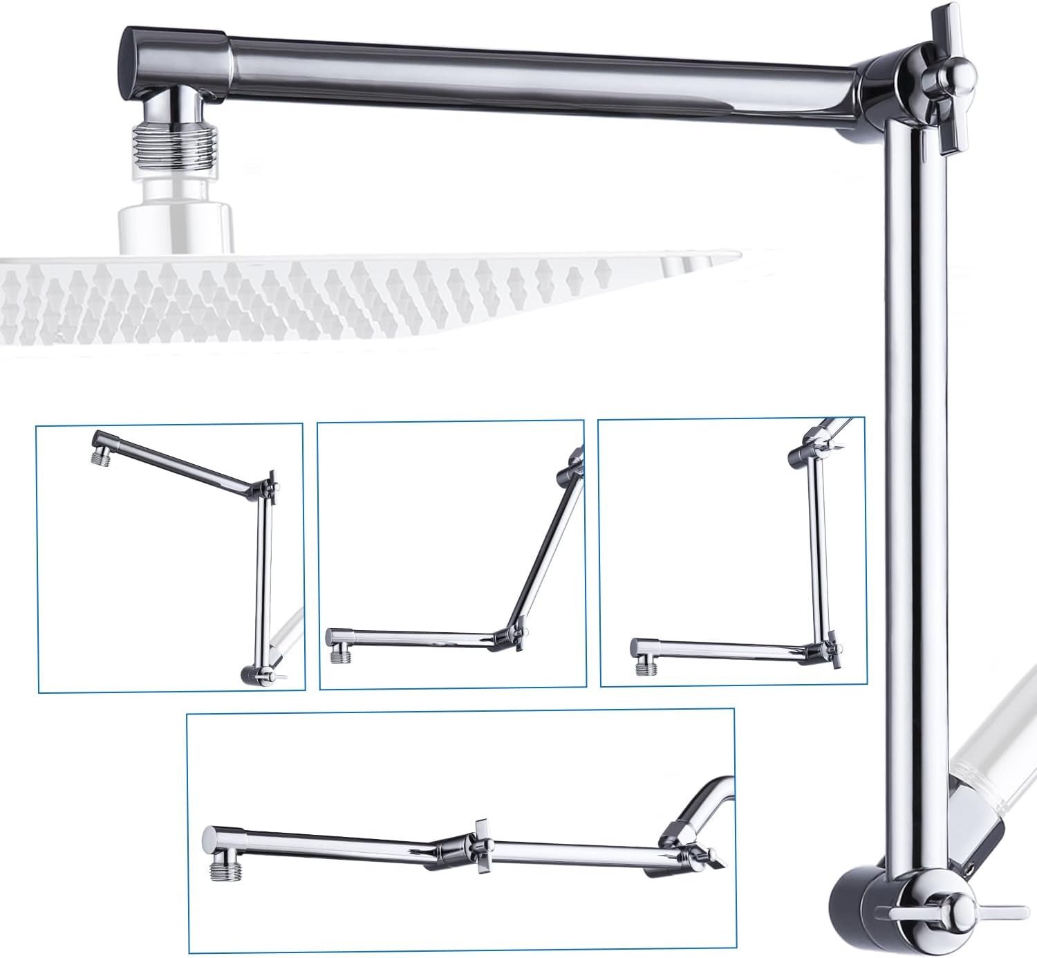 G-Promise 16 Inch Shower Head Extension Arm, Solid Brass Height & Angle Adjustable Extender, Rise or Lower Rainfall and Fixed Shower Head (Chrome)