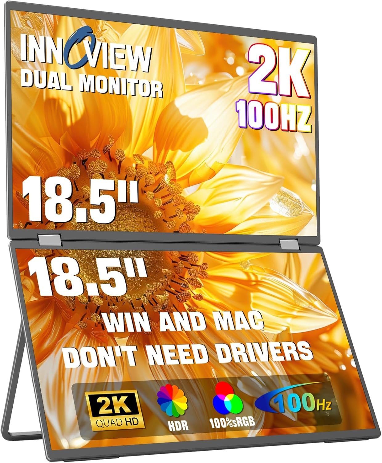InnoView 18.5" Dual Portable Monitor 100Hz 2K 2560x1600P 100% sRGB Foldable & Stackable Design with 315° Screen Adjustment | DP/USB-C/HDMI, Second Monitor for Laptop, Mac, Windows