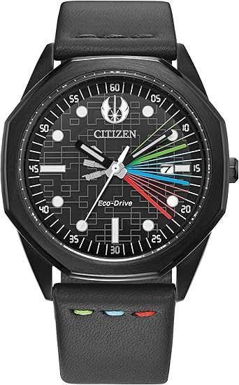 Citizen Men's Eco-Drive Star Wars Darth Vader Black Ion Plated Case Watch with Gray Leather Strap, Black Dial (Model: BM7498-00W)